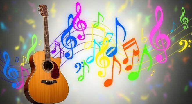 Colorful Acoustic Guitar with Floating Musical Notes.