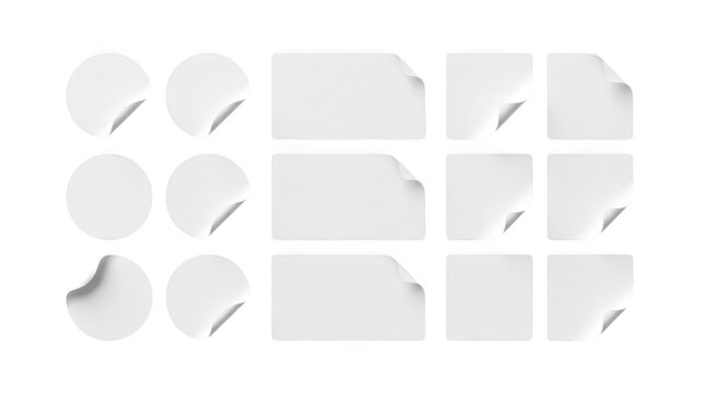 Collection of blank white peel off stickers and labels as isolated on transparent background