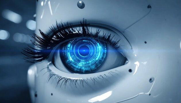 Close-up of robotic eye with blue light.