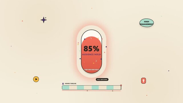 Clean flat motion graphic animation depicting video performance analytics with an 85% audience hold rate, progress bar, viewer timeline, and high engagement indicators