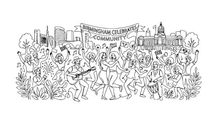 Fototapeta premium Birmingham Celebrates Community: Lively Doodle Art of People Dancing and Music