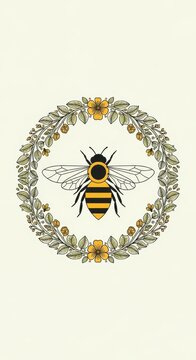 Colorful Bee Illustration with Floral Wreath Design.