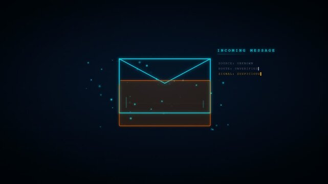 Cyber security HUD motion graphic animation depicting an incoming suspicious email login request being detected and blocked by firewall protection