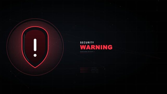 Futuristic HUD motion graphic animation of a glowing red security shield icon displaying a warning alert for suspicious cyber activity