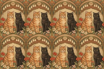 Fototapeta premium Vintage cats floral pattern illustration.