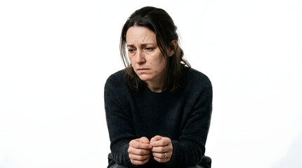 Fototapeta premium Sad and depressed woman expressing shame and grief isolated on white background