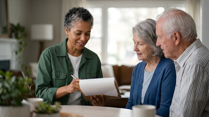 Fototapeta premium Financial advisor with senior couple discussing documents