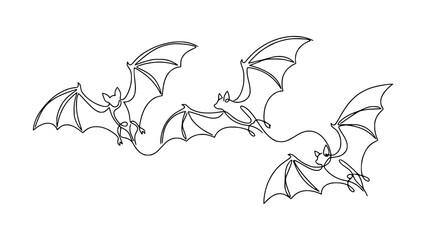 Naklejka premium Continuous line drawing of three bats flying, isolated on transparent background