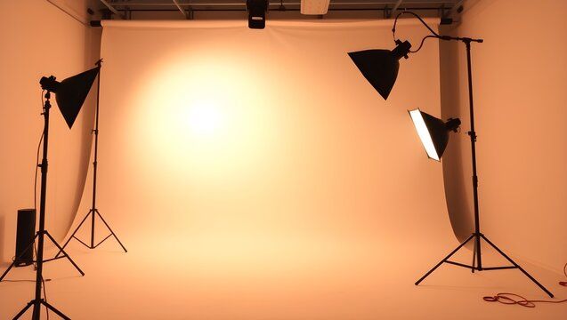 Professional photography studio setup with white backdrop and studio lighting equipment.