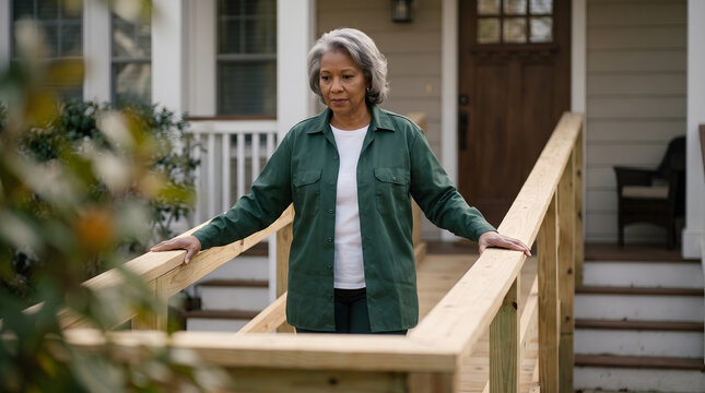 Mature woman walking on wooden ramp near house