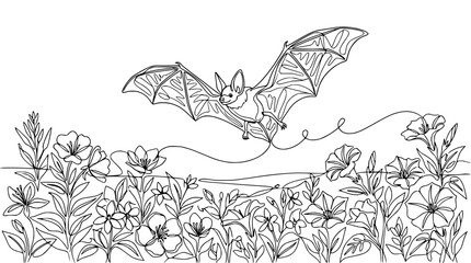 Continuous Line Drawing of Bat Flying Over Flowers on Transparent Background