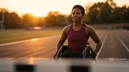 Fototapeta premium Woman in wheelchair on running track at sunset