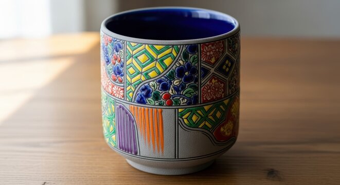 Colorful ceramic cup with geometric patterns on wooden table.