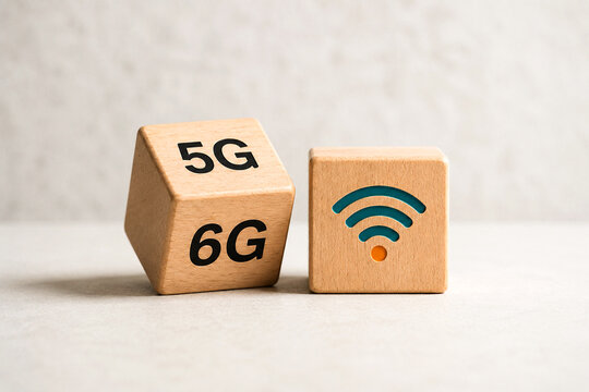 Conceptual wooden blocks representing 5G and 6G technology alongside a wireless connectivity symbol. Suitable for telecommunications, next-generation networks, high-speed internet, and WiFi.