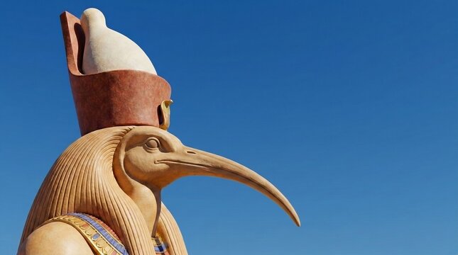 Statue of the ancient Egyptian god Thoth against a clear blue sky