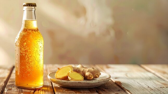 木のテーブルに置かれた冷えた炭酸飲料の瓶と皿に盛られた生姜のスライス