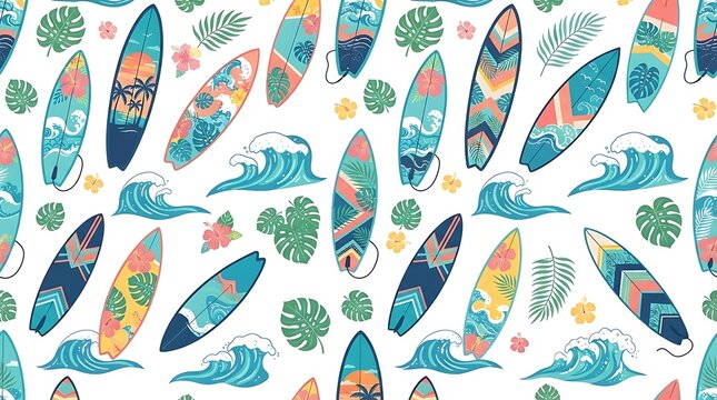 Colorful surfboards and palm leaves pattern design