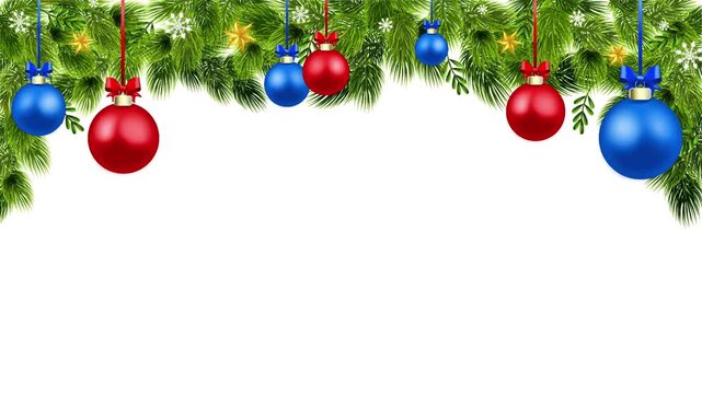 Christmas pine branch border with red and blue baubles, stars, and copy space