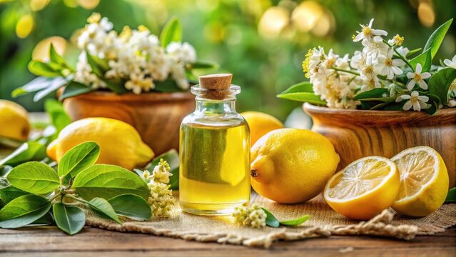 Lemon myrtle essential oil with fresh lemons and flowers on table