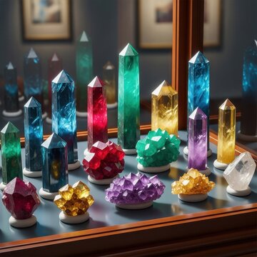 Colorful Crystal Collection Displayed on Glass Shelf.