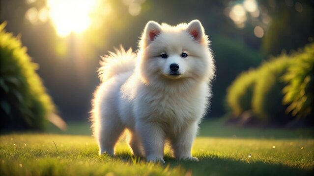 Adorable samoyed puppy standing on the lawn