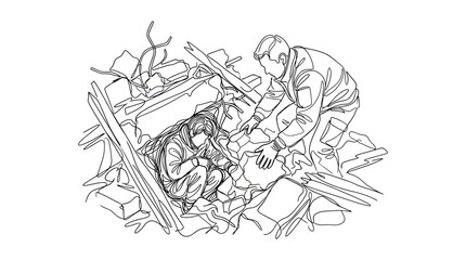 Fototapeta premium Rescuer Helps Person Amidst Debris in Sketch Style