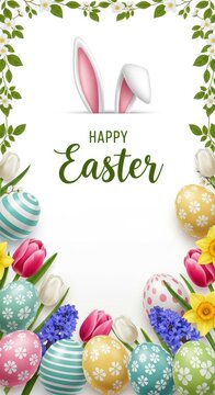 Colorful Easter Eggs and Flowers with Bunny Ears Design.