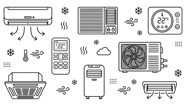 Air Conditioning and HVAC System Vector Icon Set with Portable AC, Window Unit, Split Cassette, Compressor Fan, and Remote Control Templates