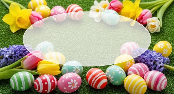 Colorful Easter Eggs and Spring Flowers on Green Grass.