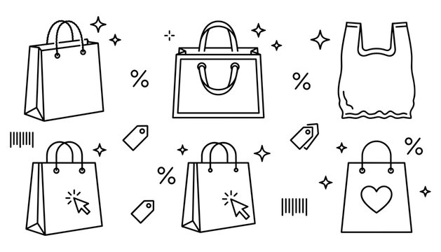 Shopping Bag Vector Icon Set with Paper Tote Bags, Plastic Sacs, Click Cursors, Percent Signs, Price Tags, and Heart Graphic Elements