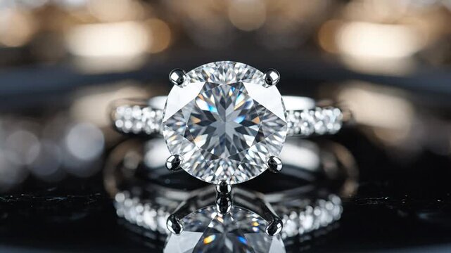 Sparkling round brilliant cut diamond engagement ring with a pav&eacute; band reflected on a dark surface