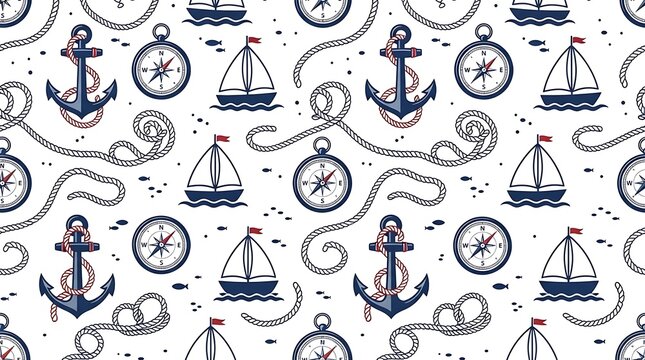 Nautical rope pattern with anchors and compasses
