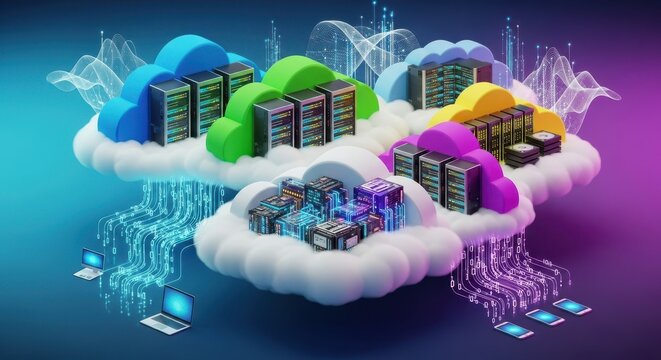 Colorful Cloud Data Centers with Digital Network Connections.