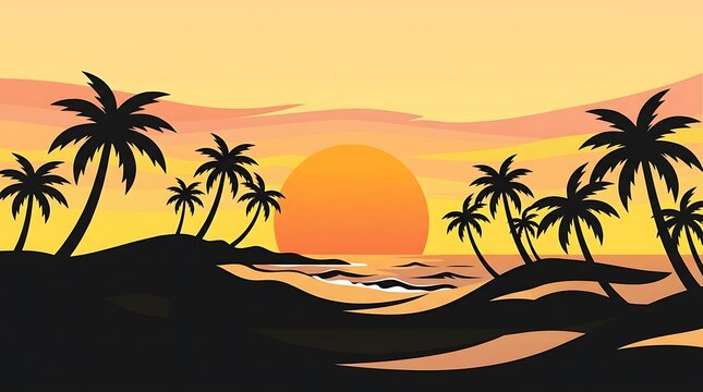 Silhouette palm trees at sunset beach scene