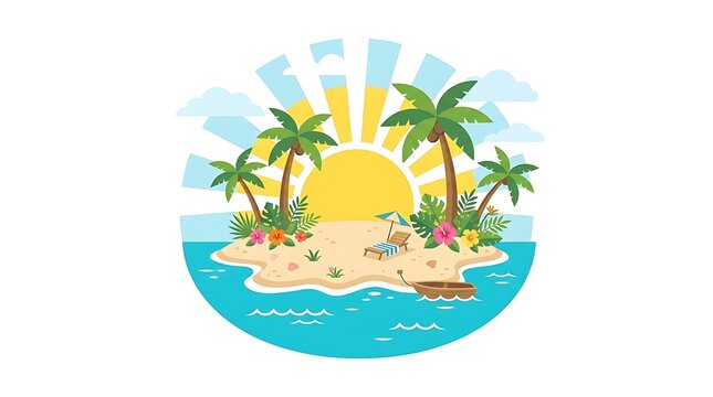 Tropical island with palm trees and sunset