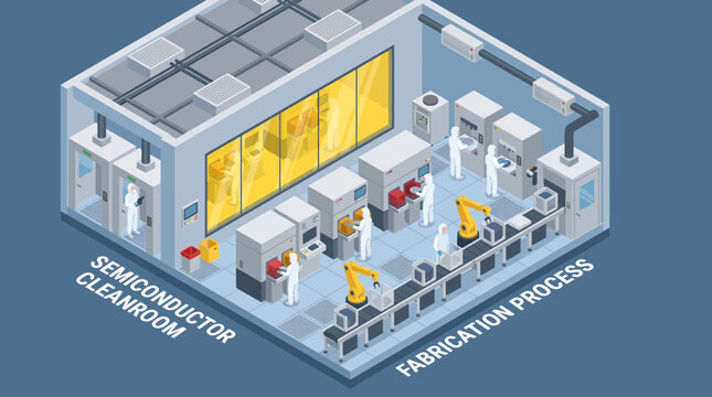Isometric Illustration of Semiconductor Chip Production Cleanroom