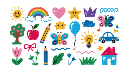Naklejka premium Childlike drawings featuring colorful elements like sun rainbow apple pencil butterfly house car balloon heart star crown and lightbulb all arranged on white background