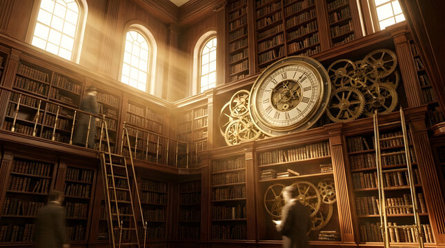 Grand steampunk library with massive clockwork mechanism and bookshelves.