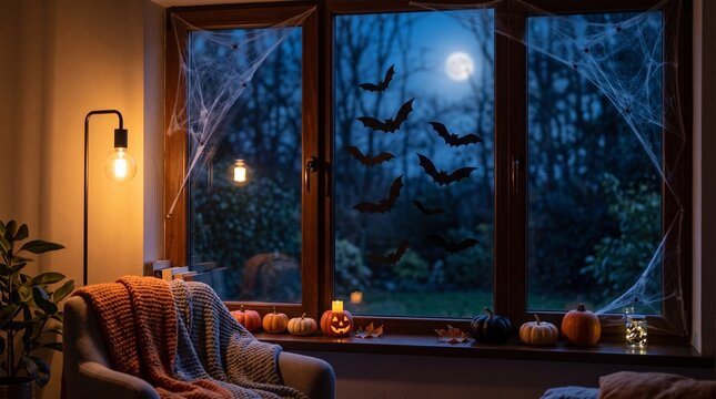 Halloween decoration with bats and pumpkins by window at night
