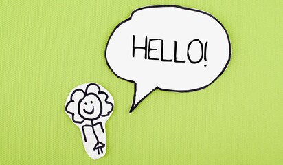 Drawn stick figure character saying hello with a speech bubble on textured © Graphics World