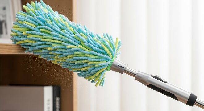 Colorful feather duster for household cleaning tasks.