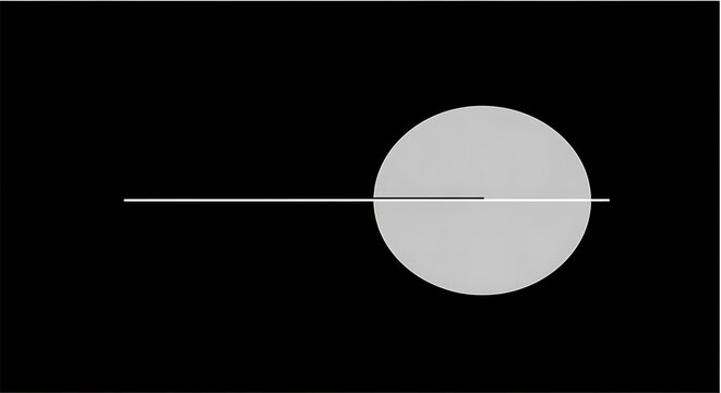 Minimalist geometric composition featuring a light gray circle intersected by two thin horizontal lines on a black background, evoking a sense of modern design and abstract art