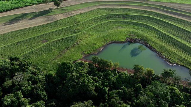 Aerial view of a water reservoir surrounded by sugarcane contour plowing and native forest
