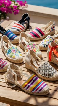 Colorful espadrilles arranged on wooden surface by the sea.