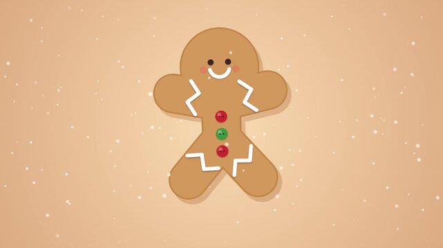 Animated Gingerbread Man Floating with Christmas Ornaments and Falling Snow Motion Graphic