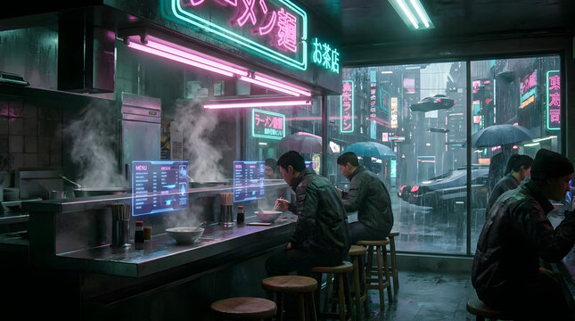 Cyberpunk ramen shop with neon signs in rainy city.