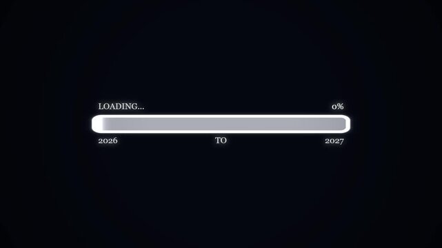Digital loading progress bar transition from year twenty twenty six to twenty twenty seven on a minimalist dark background with glowing interface elem