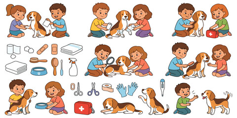 Little boy and girl playing vet clinic treating injured beagle puppy cartoon character bundle