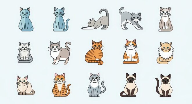 Colorful Flat Design Cat Illustrations Collection.