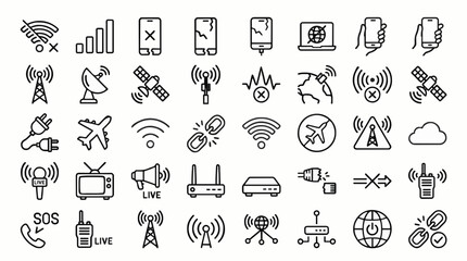 Fototapeta premium Wireless network failure and communication outage outline icon collection editable vector set